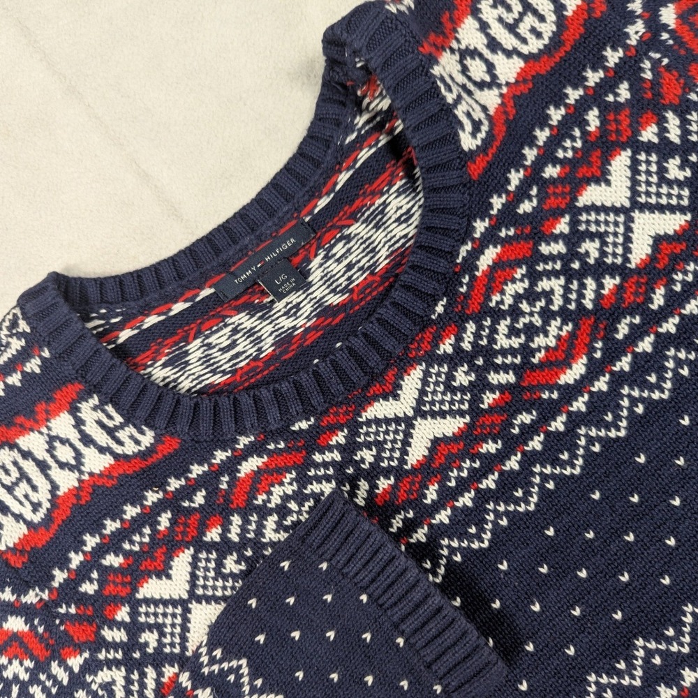 Tommy Hilfiger Womens Navy Blue Red Fair Isle Cotton Knit Sweater Large